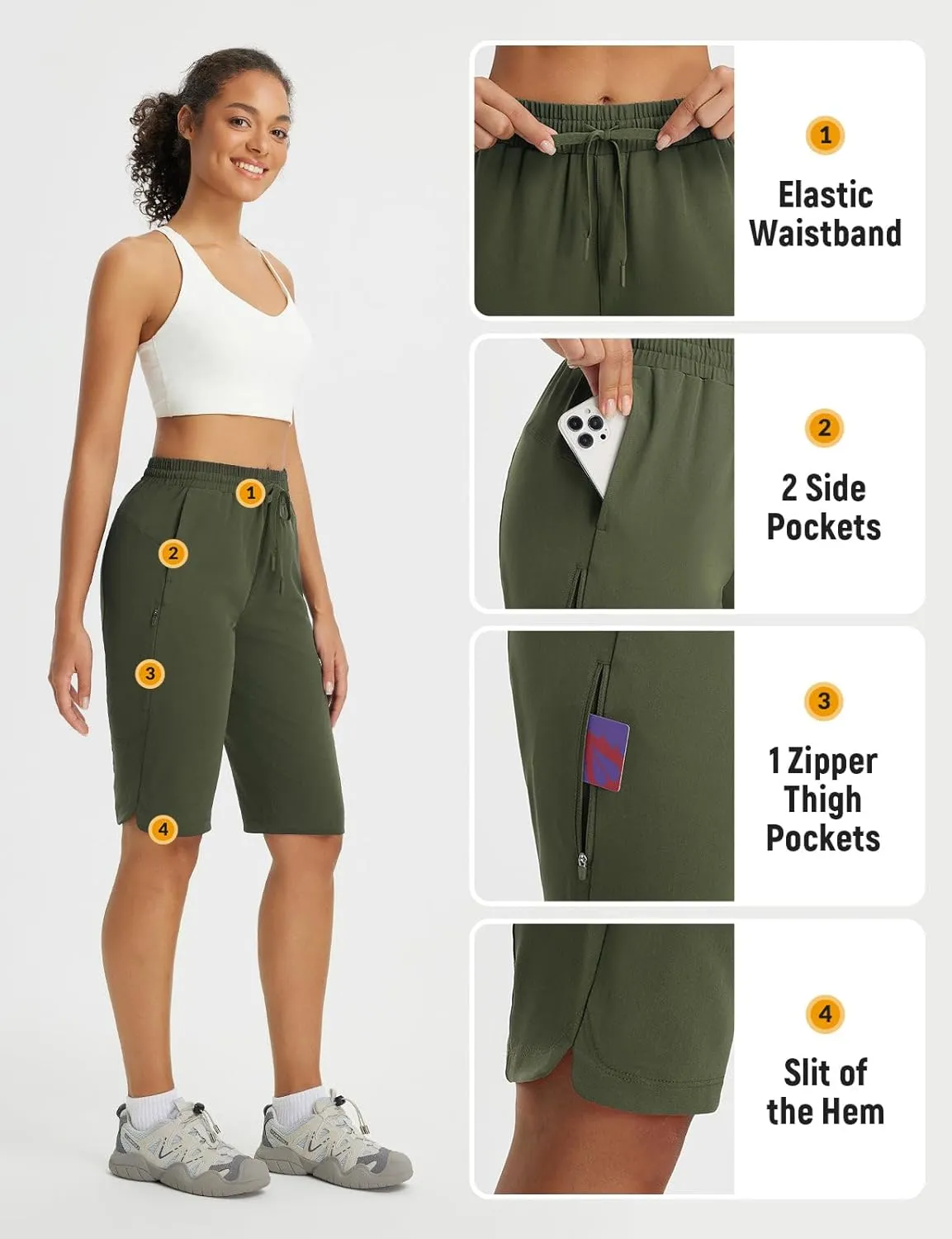 baleaf Women's 13'' Knee Length Hiking Shorts Quick Dry Water Resistant Lightweight Bermuda with Pockets