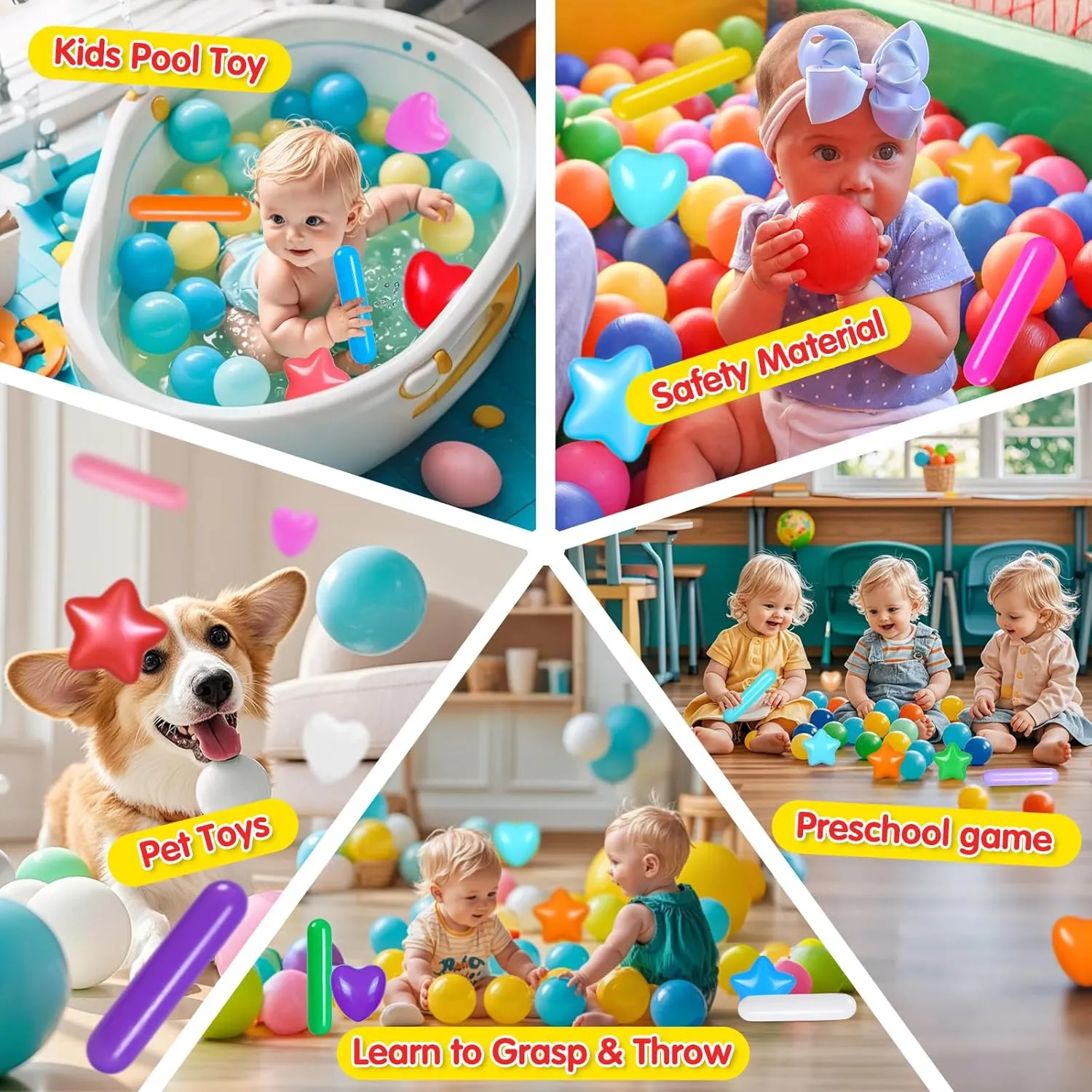 Ball Pit Balls for Toddlers, 150 Pieces Star and Hearts Plastic Toy Balls for Kids Ball Pits,for Baby Toddler Birthday, Playpen Play Tent, Baby Pool Water Toys, Party Decoration