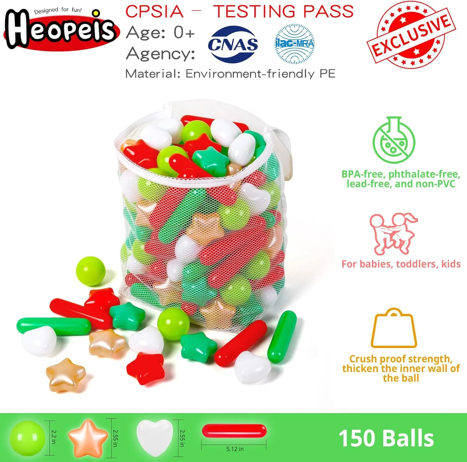 Ball Pit Balls for Toddlers, 150 Pieces Star and Hearts Plastic Toy Balls for Kids Ball Pits,for Baby Toddler Birthday, Playpen Play Tent, Baby Pool Water Toys, Party Decoration