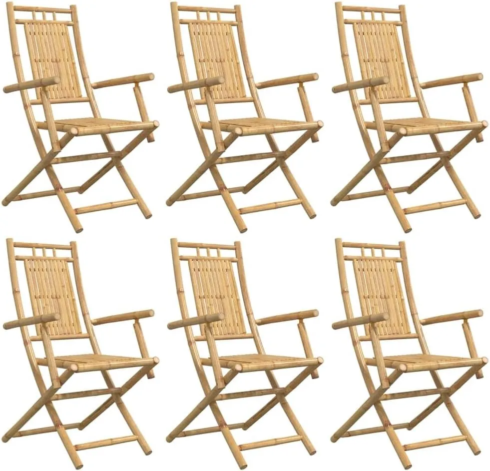 Bamboo Folding Patio Chairs 6-Pack 20.9"x26"x39" Natural Outdoor Furniture Set with Armrests Foldable Design for Garden Dining Camping Beach