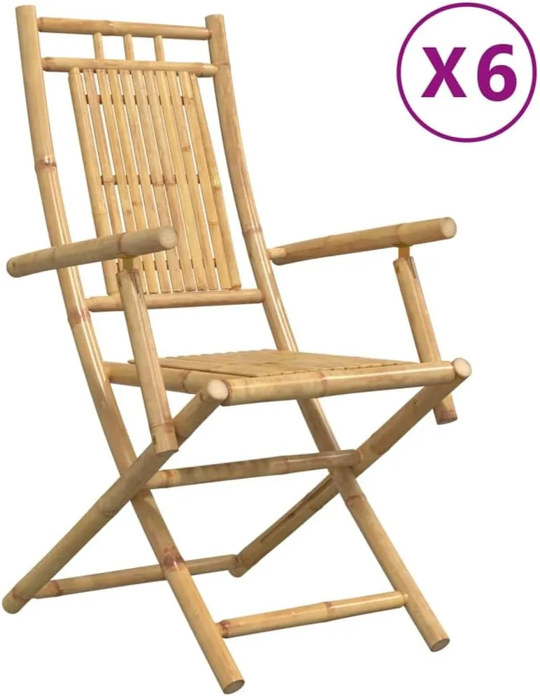 Bamboo Folding Patio Chairs 6-Pack 20.9"x26"x39" Natural Outdoor Furniture Set with Armrests Foldable Design for Garden Dining Camping Beach