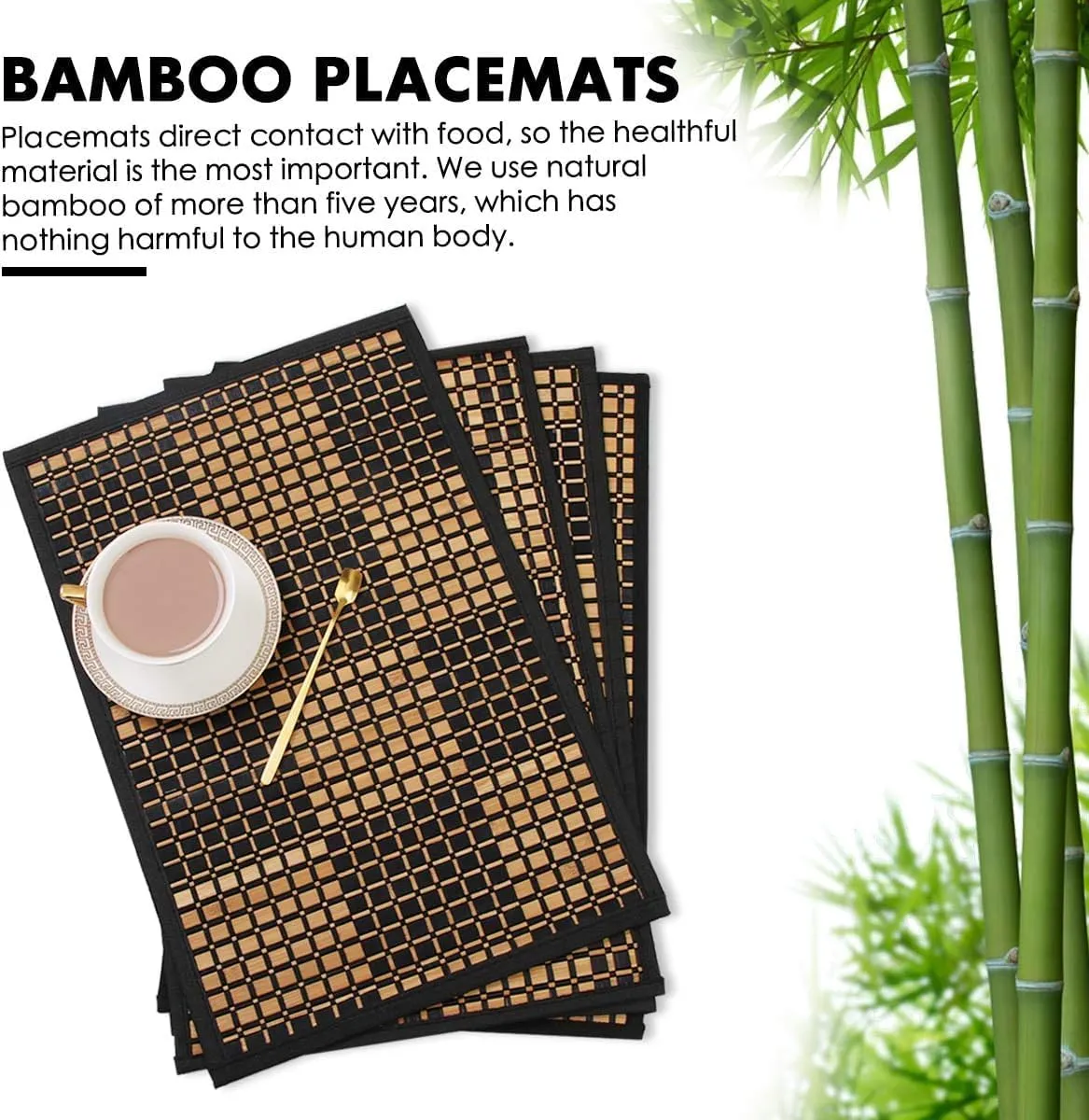 Bamboo Placemats for Dining Table, Placemats Set of 4,Stain-Resistant,Heat-Resistant Place Mats,Durable and Sturdy Dining Place Mats for Kitchen Table (Black)