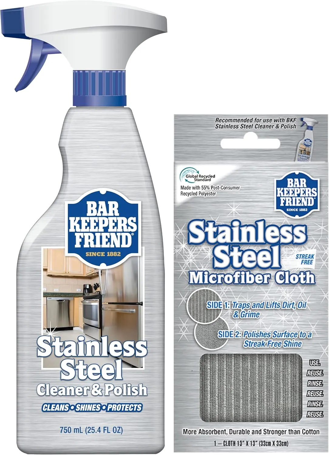 Bar Keepers Friend Stainless Steel Cleaner Spray (25.4 oz)   Microfiber Cloth - Removes Fingerprints and Grime Without Dulling