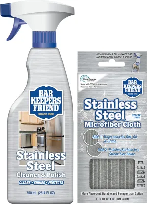 Bar Keepers Friend Stainless Steel Cleaner Spray (25.4 oz)   Microfiber Cloth - Removes Fingerprints and Grime Without Dulling