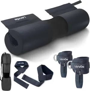 Barbell Squat Pad Set- Nylon Padding AntiSlip- Thick Foam Barbell Pad for Squats Cushion,Lunges&Bar Padding for Hip Thrusts -Standard Olympic Weight Bar Pad (Wrist Straps Weightlifting-Ankle Straps)