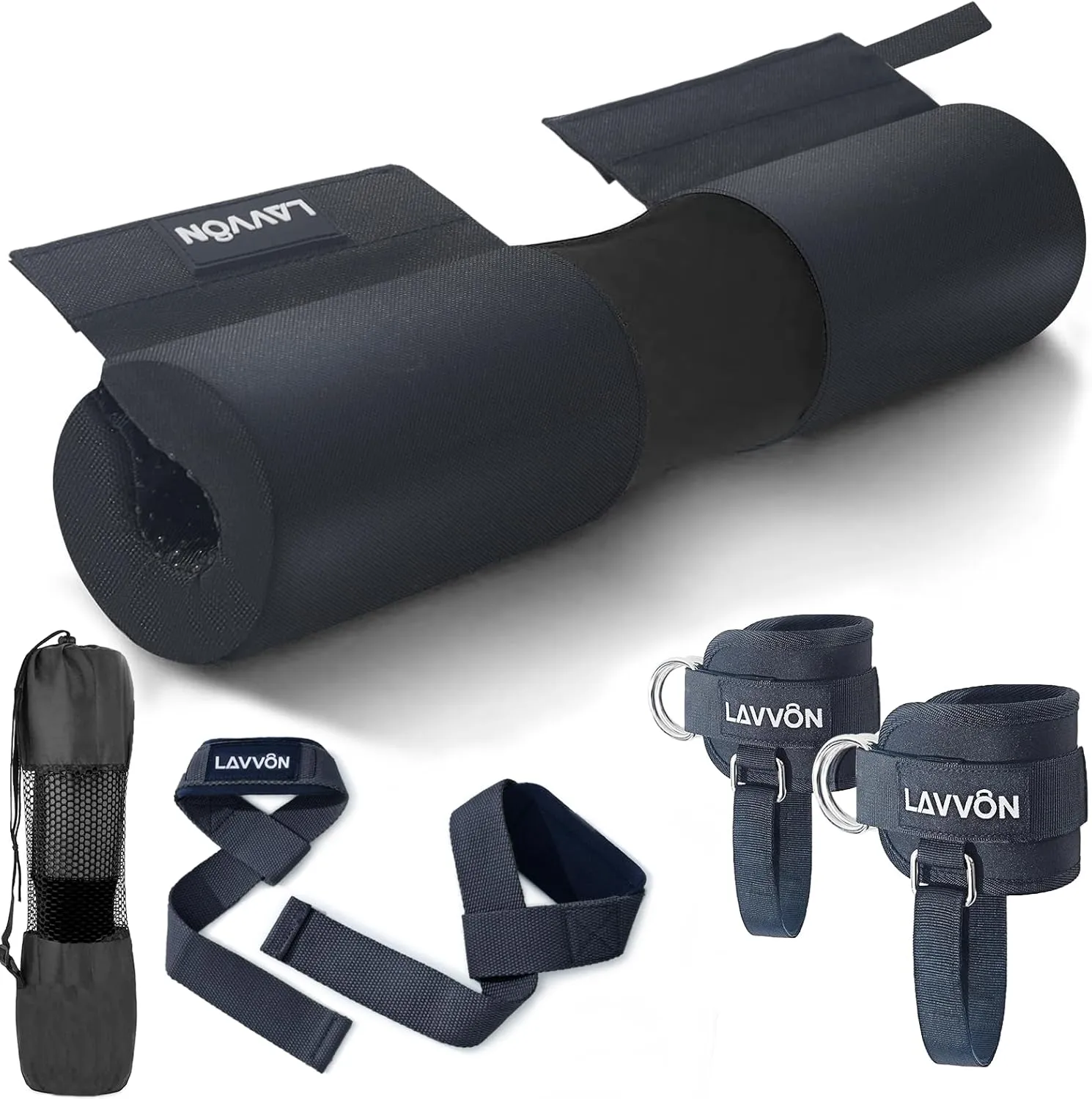 Barbell Squat Pad Set- Nylon Padding AntiSlip- Thick Foam Barbell Pad for Squats Cushion,Lunges&Bar Padding for Hip Thrusts -Standard Olympic Weight Bar Pad (Wrist Straps Weightlifting-Ankle Straps)