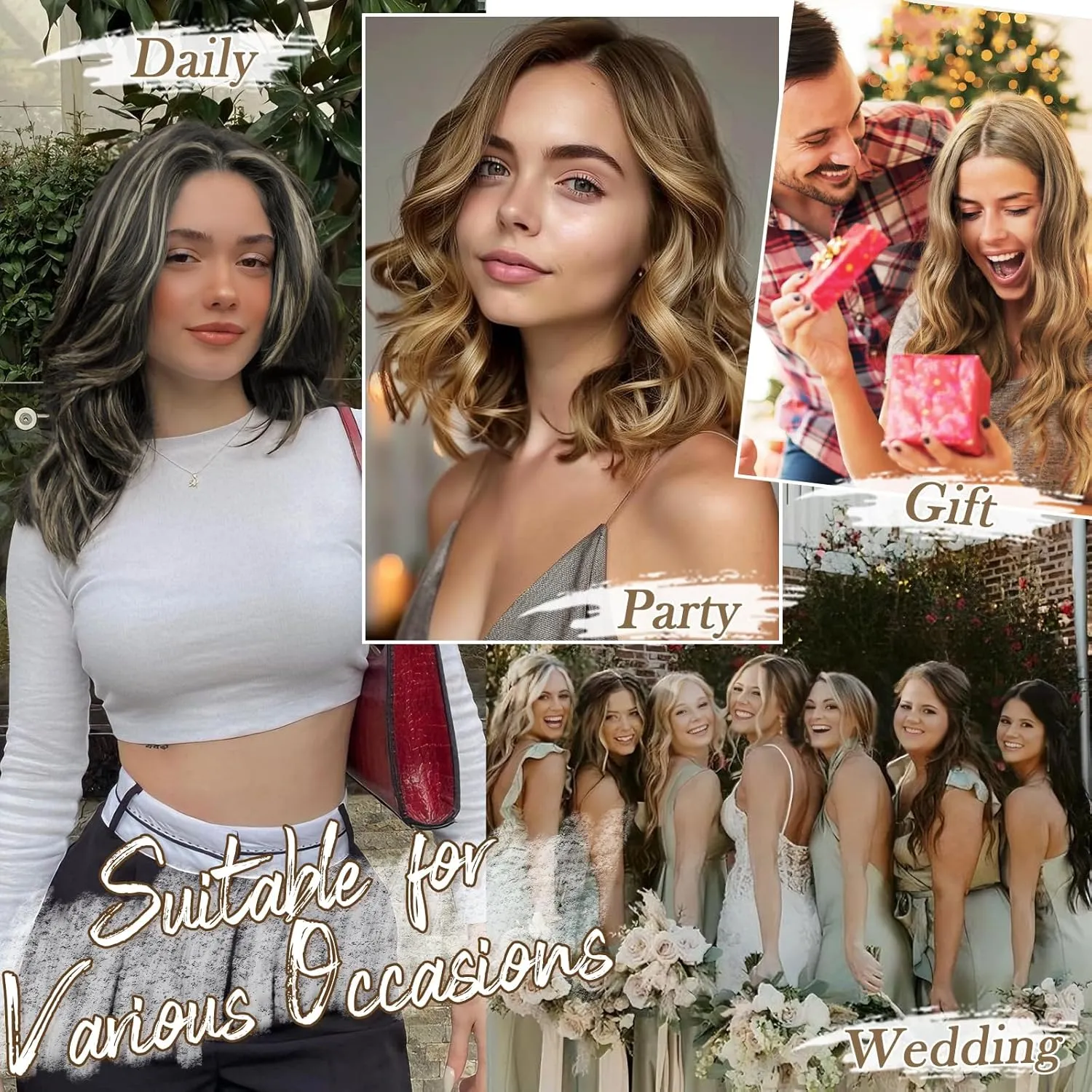 BARSDAR Clip in Hair Extensions - 12 Inch Short Wavy Highlight Hair Extensions for Women - 6PCs Thick Soft Synthetic Clip in Hairpieces Daily - Chocolate Brown with Highlights