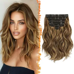 BARSDAR Clip in Hair Extensions - 12 Inch Short Wavy Highlight Hair Extensions for Women - 6PCs Thick Soft Synthetic Clip in Hairpieces Daily - Chocolate Brown with Highlights