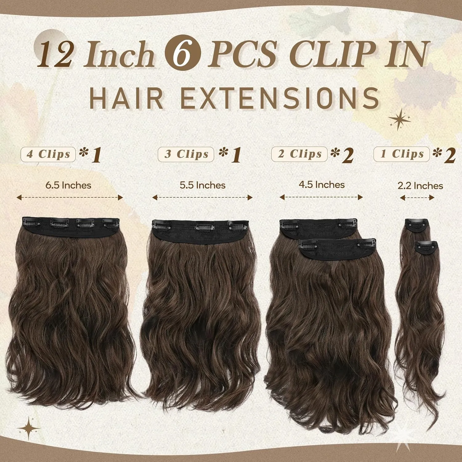BARSDAR Wavy Clip in Hair Extensions - 12 Inch Brown Clip in Hair Extesnsions for Women - 6PCs Full Head Thick Soft Synthetic Clip ins Hairpieces Daily Party Halloween - Brown