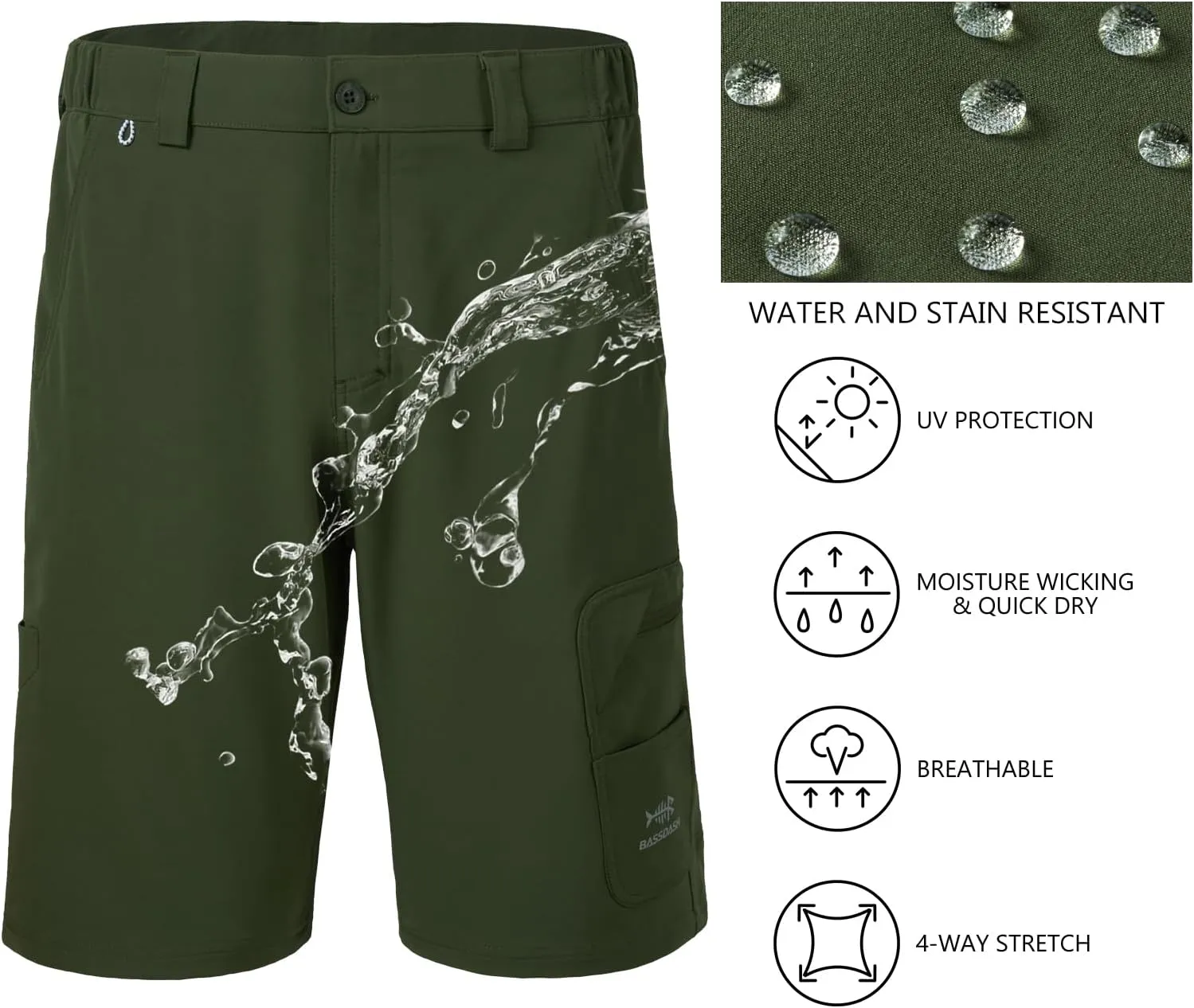 BASSDASH 10.5” Mens Fishing Cargo Shorts Quick Dry UPF 50  Water Resistant FP01M