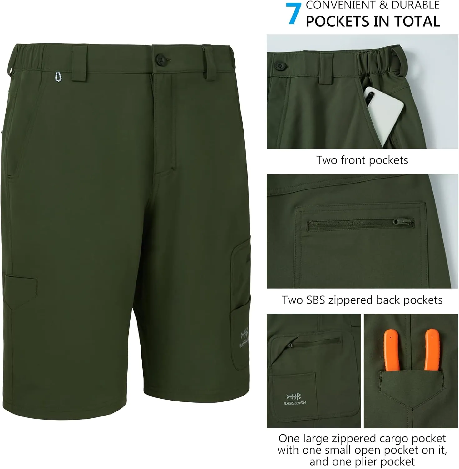 BASSDASH 10.5” Mens Fishing Cargo Shorts Quick Dry UPF 50  Water Resistant FP01M