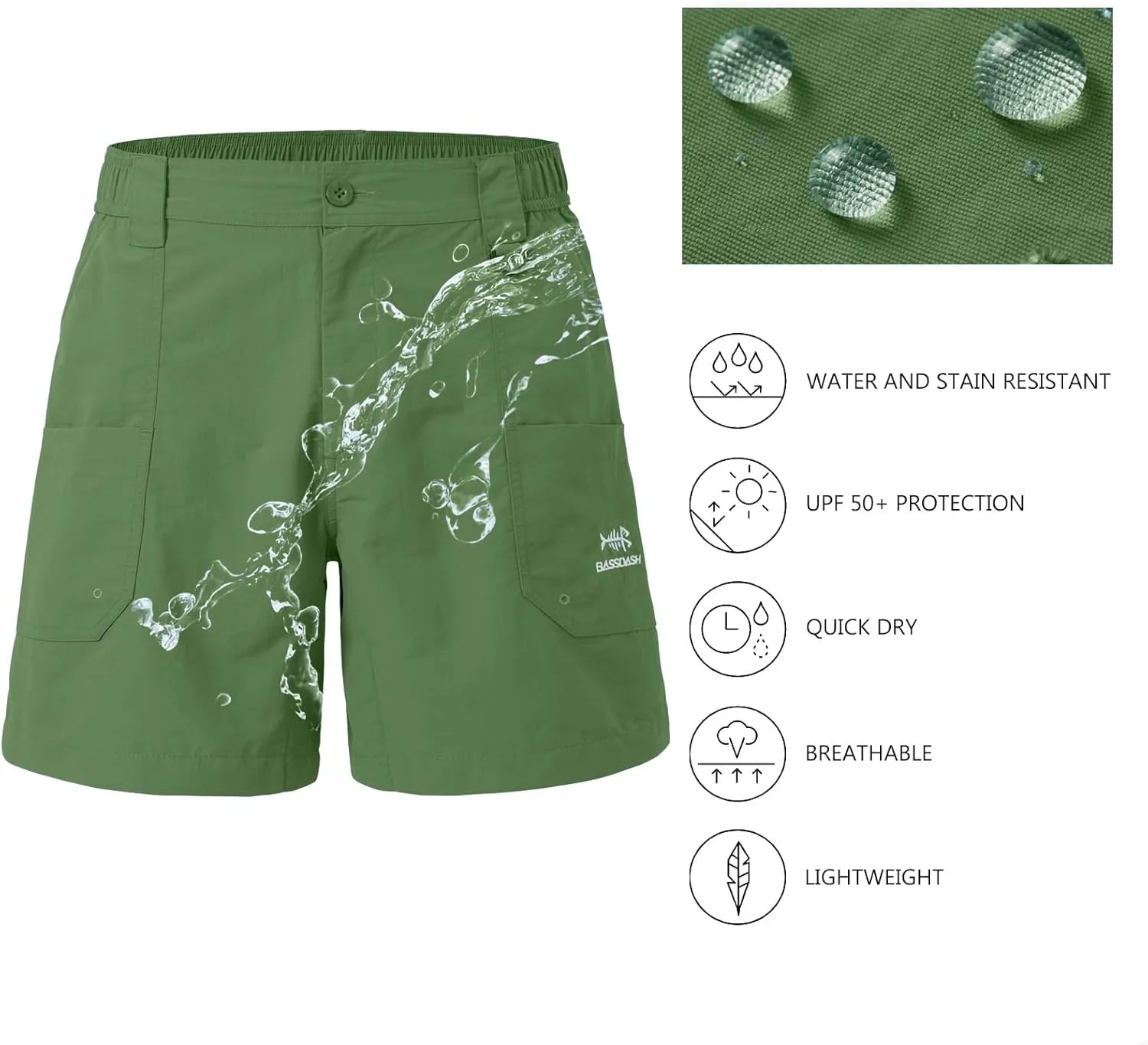 BASSDASH Men's 6" Fishing Shorts UPF 50  Water Resistant Quick Dry Hiking Cargo Shorts with Multi Pocket
