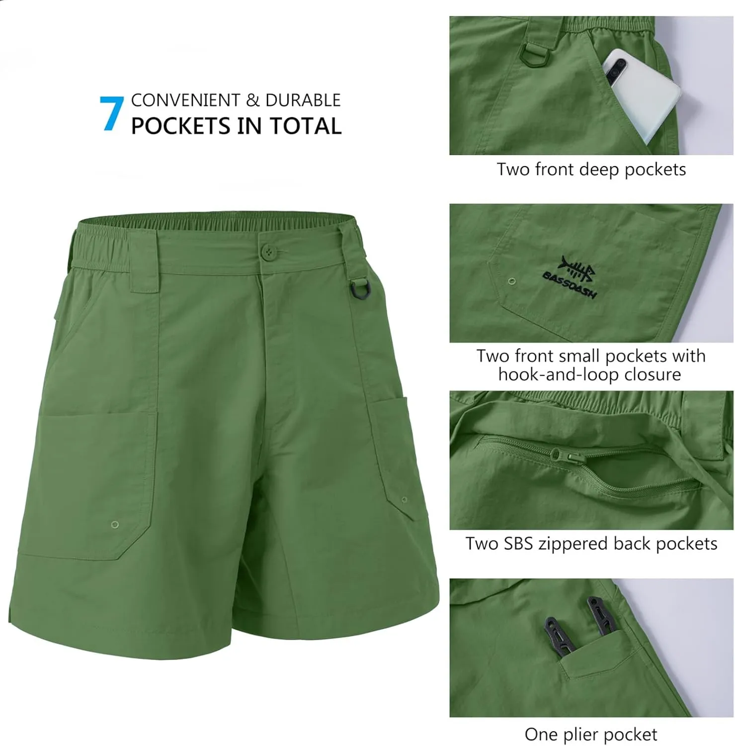 BASSDASH Men's 6" Fishing Shorts UPF 50  Water Resistant Quick Dry Hiking Cargo Shorts with Multi Pocket