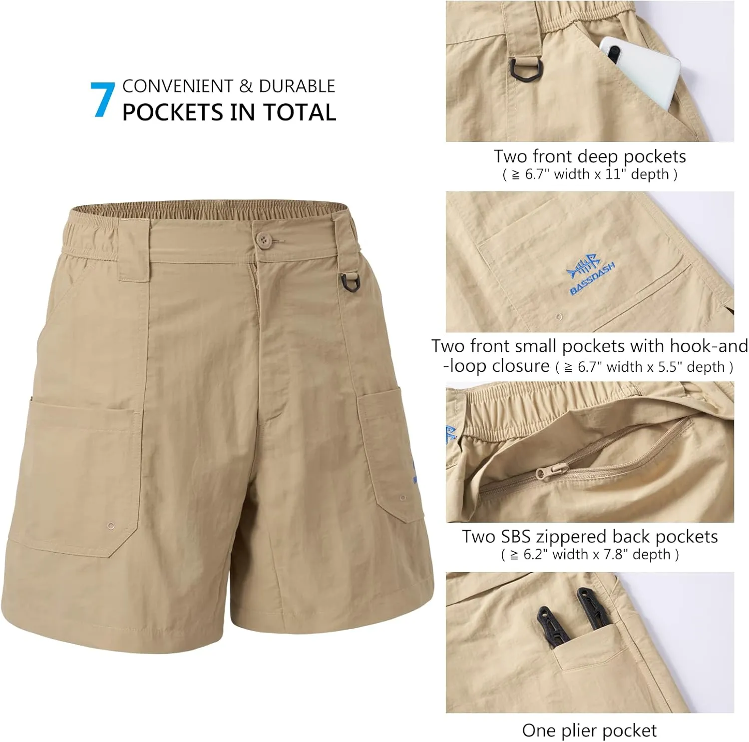 BASSDASH Men's 6" Fishing Shorts UPF 50  Water Resistant Quick Dry Hiking Cargo Shorts with Multi Pocket
