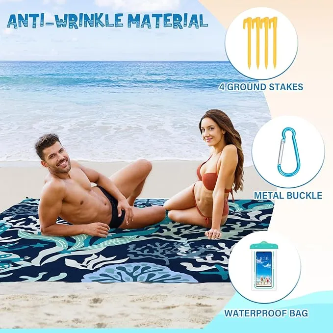 Beach Blanket Waterproof Sandproof 1-7 Adult Oversized 78 '' × 81 '' Lightweight Durable Compact Sand Free Beach Mat for Travel Camping Hiking Picnic Blanket Extra Large
