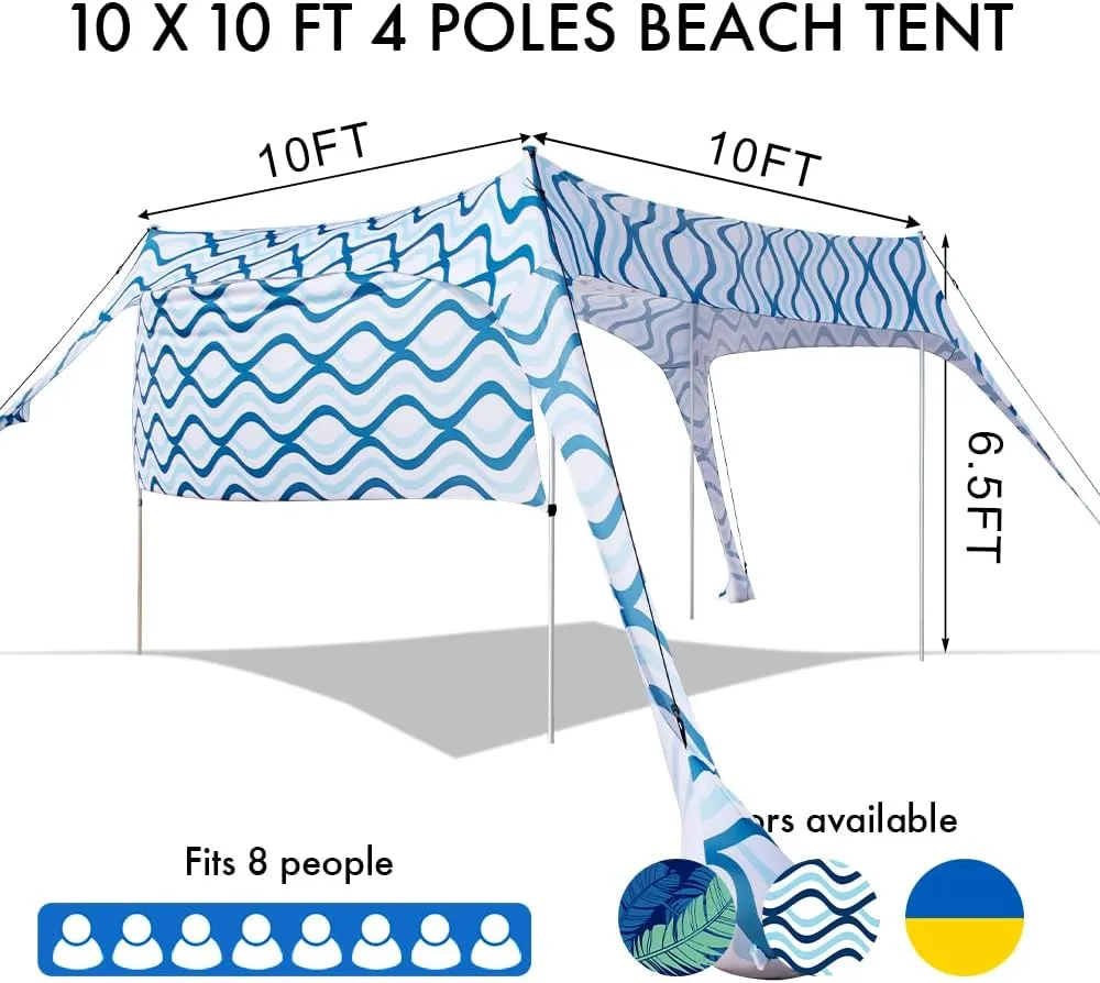 Beach Canopy Tent Shade with Sidewalls 10x10FT, 6.6FT Tall, UPF50  Sun Shelter, Windproof & Water Resistant, Includes Guylines Sand Shovel Stability Poles, Easy Up for Beach Outdoor Camping Backyard