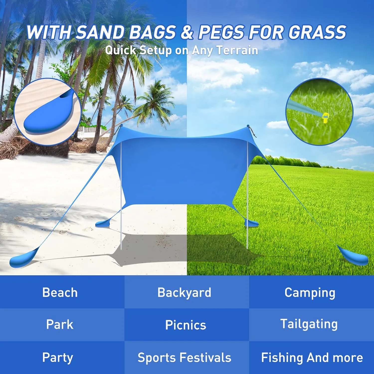Beach Tent Pop Up Shade Canopy Sun Shelter UPF50  with 2 Stability Poles/Carry Bag/Ground Pegs/Sand Shovel/Windproof Ropes Portable Outdoor Family Sunshade for Beach Camping (Teal Blue, 7×7FT)
