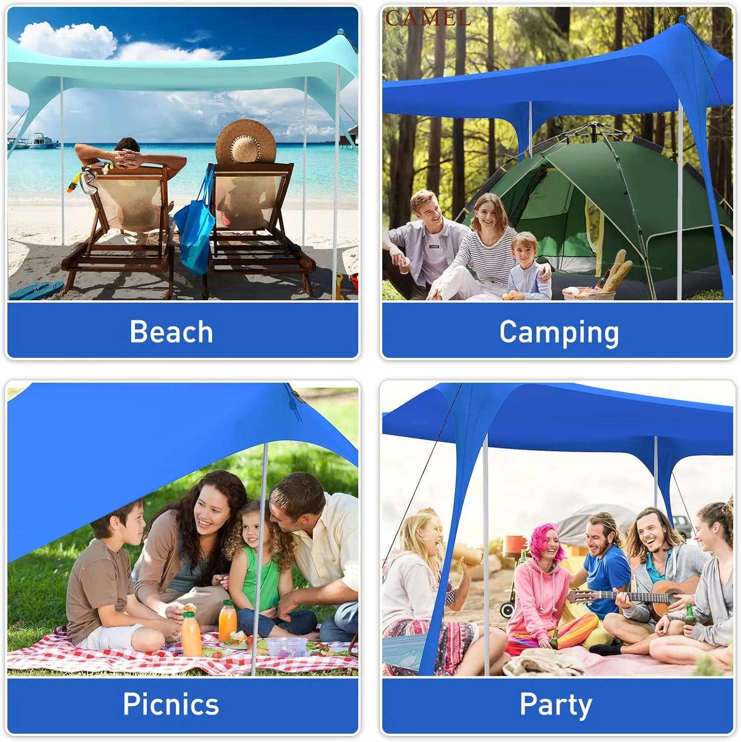 Beach Tent Pop Up Shade Canopy Sun Shelter UPF50  with 2 Stability Poles/Carry Bag/Ground Pegs/Sand Shovel/Windproof Ropes Portable Outdoor Family Sunshade for Beach Camping (Teal Blue, 7×7FT)