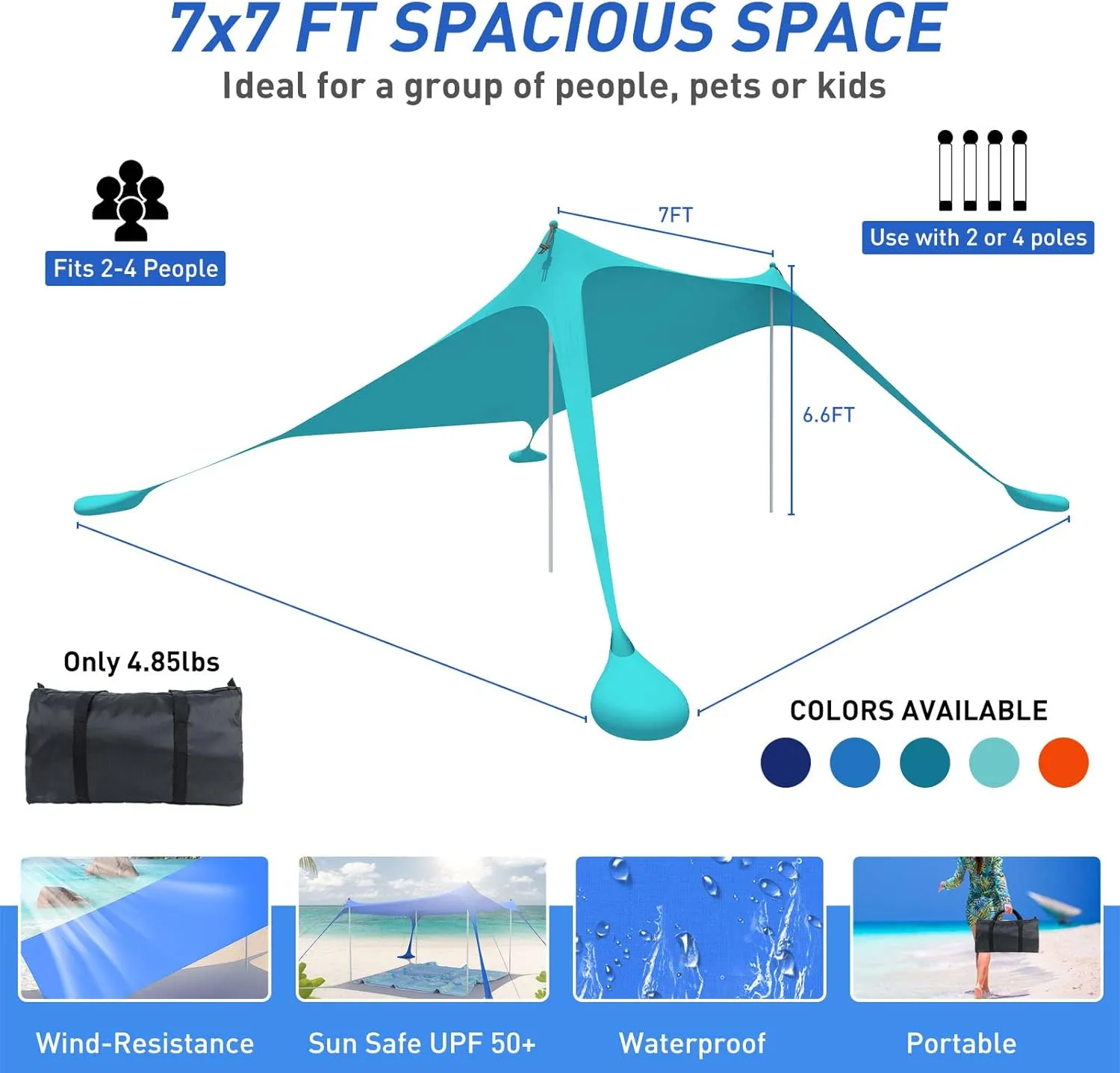 Beach Tent Pop Up Shade Canopy Sun Shelter UPF50  with 2 Stability Poles/Carry Bag/Ground Pegs/Sand Shovel/Windproof Ropes Portable Outdoor Family Sunshade for Beach Camping (Teal Blue, 7×7FT)