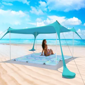 Beach Tent Pop Up Shade Canopy Sun Shelter UPF50  with 2 Stability Poles/Carry Bag/Ground Pegs/Sand Shovel/Windproof Ropes Portable Outdoor Family Sunshade for Beach Camping (Teal Blue, 7×7FT)