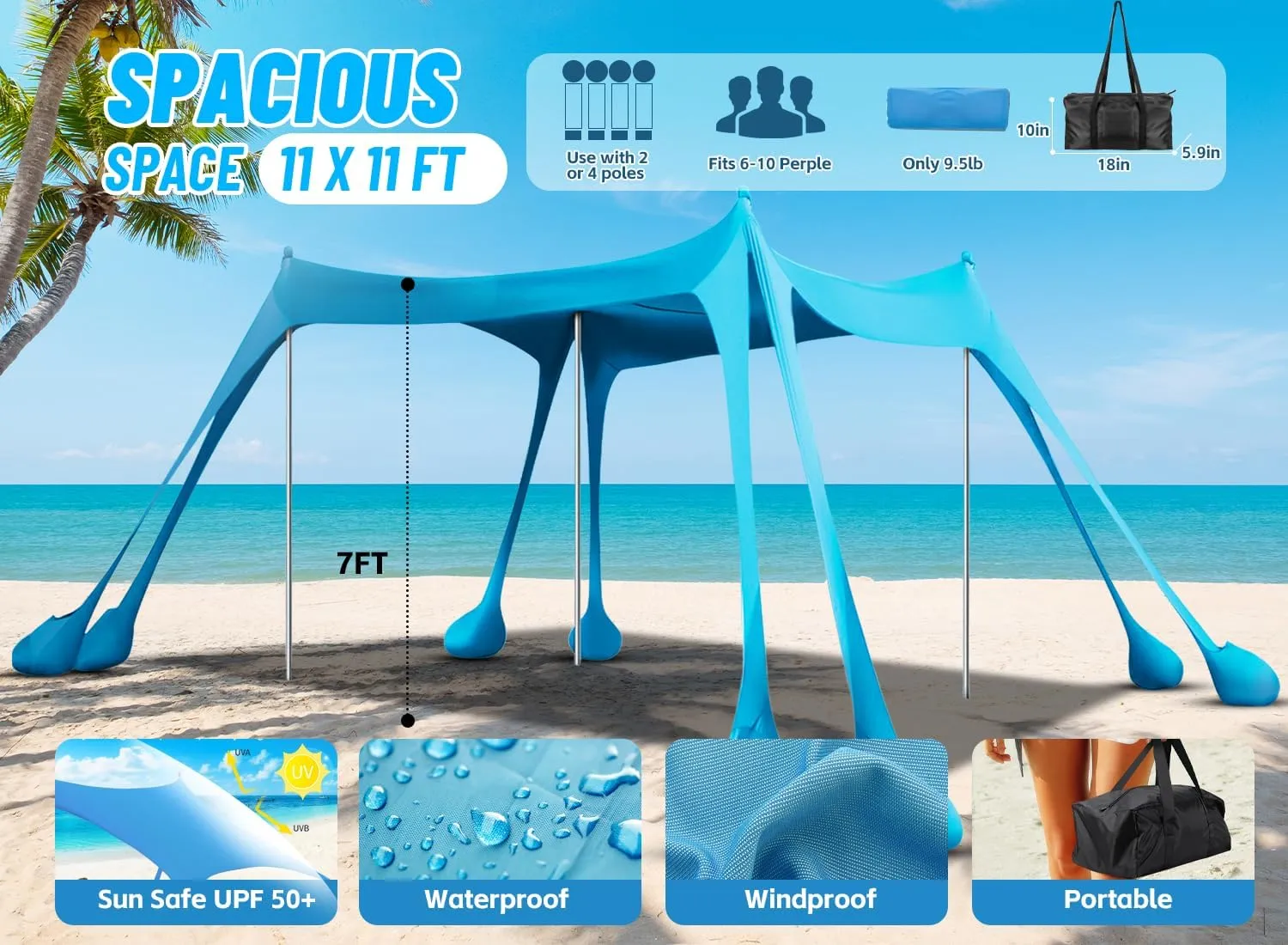 Beach Tent Sun Shelter Sunshade 11x11FT, UPF50  Beach Canopy Tent Sun Shade with 8 Sandbags & 4 Stability Poles, Outdoor Shade Beach Canopy for Camping, Fishing, Backyard, Picnics (Sky Blue)