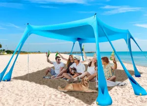 Beach Tent Sun Shelter Sunshade 11x11FT, UPF50  Beach Canopy Tent Sun Shade with 8 Sandbags & 4 Stability Poles, Outdoor Shade Beach Canopy for Camping, Fishing, Backyard, Picnics (Sky Blue)