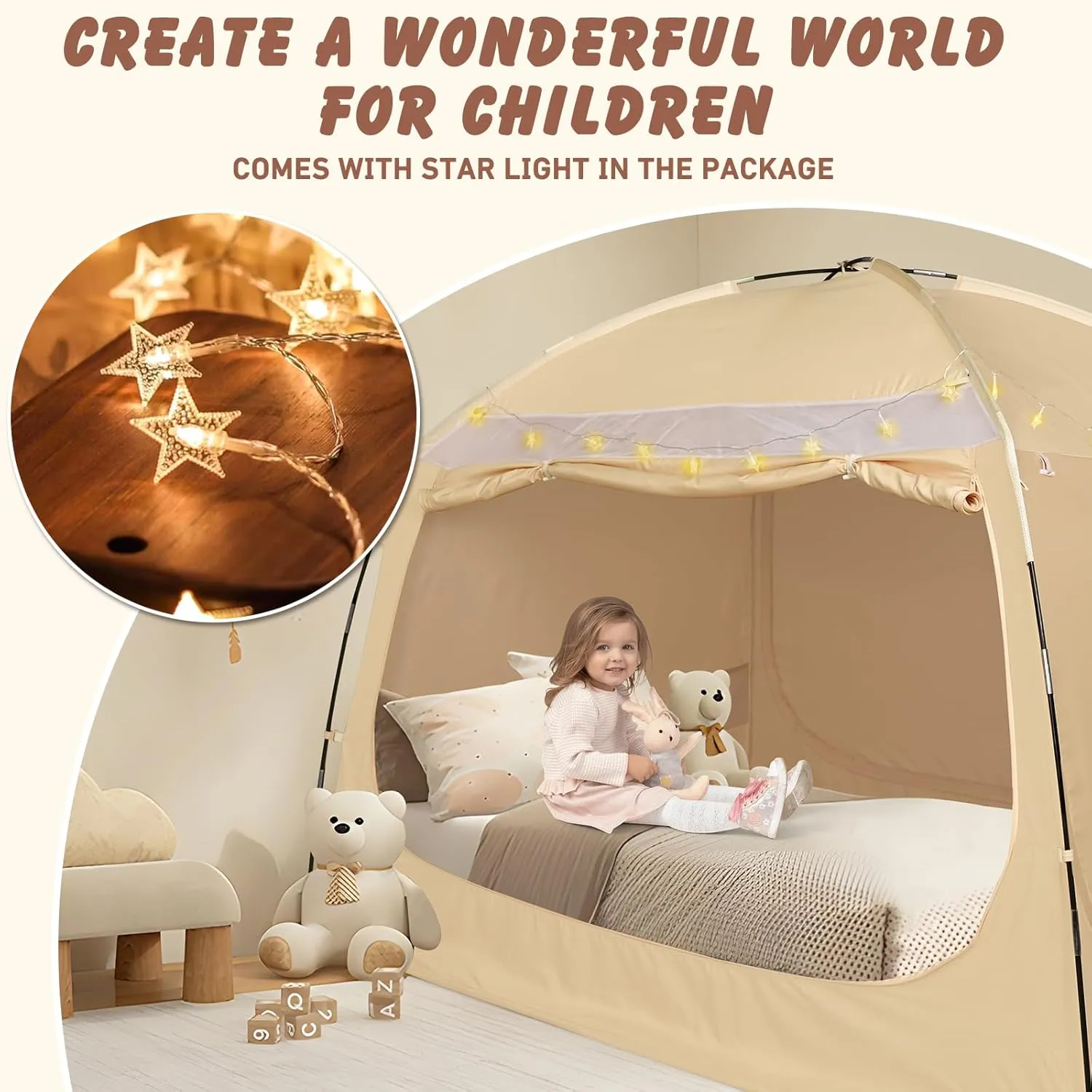 Bed Tent Twin Full Queen King Size Canopy Tent for Kids and Adult - 80% Blackout Indoor Sleeping Tents with Star String Lights, Big Space Breathable Dome Tent Playhouse for Boys & Girls