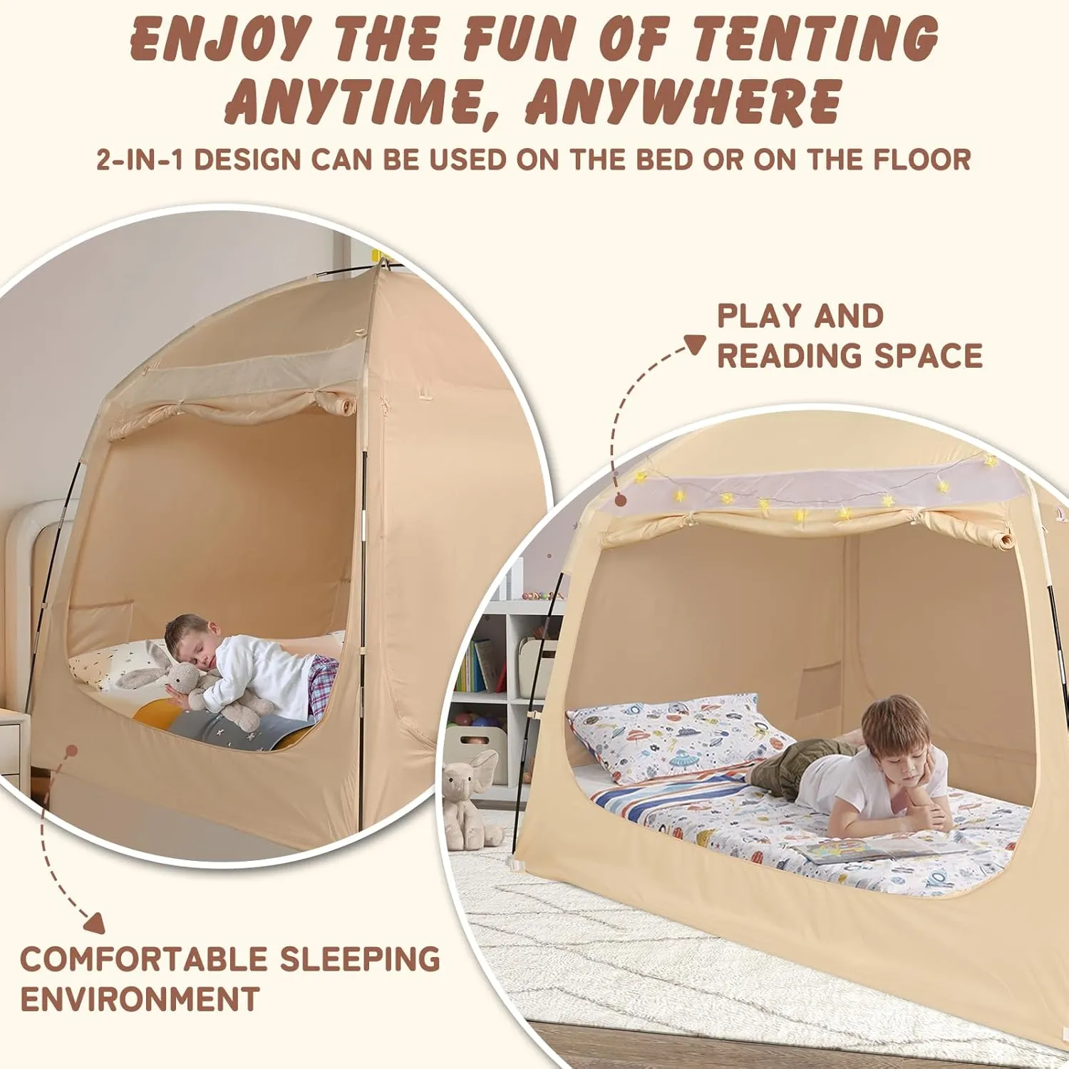 Bed Tent Twin Full Queen King Size Canopy Tent for Kids and Adult - 80% Blackout Indoor Sleeping Tents with Star String Lights, Big Space Breathable Dome Tent Playhouse for Boys & Girls