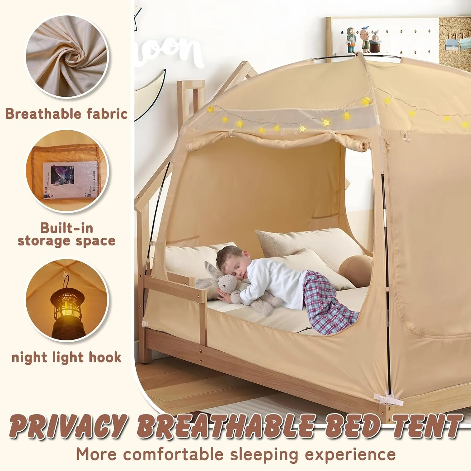Bed Tent Twin Full Queen King Size Canopy Tent for Kids and Adult - 80% Blackout Indoor Sleeping Tents with Star String Lights, Big Space Breathable Dome Tent Playhouse for Boys & Girls