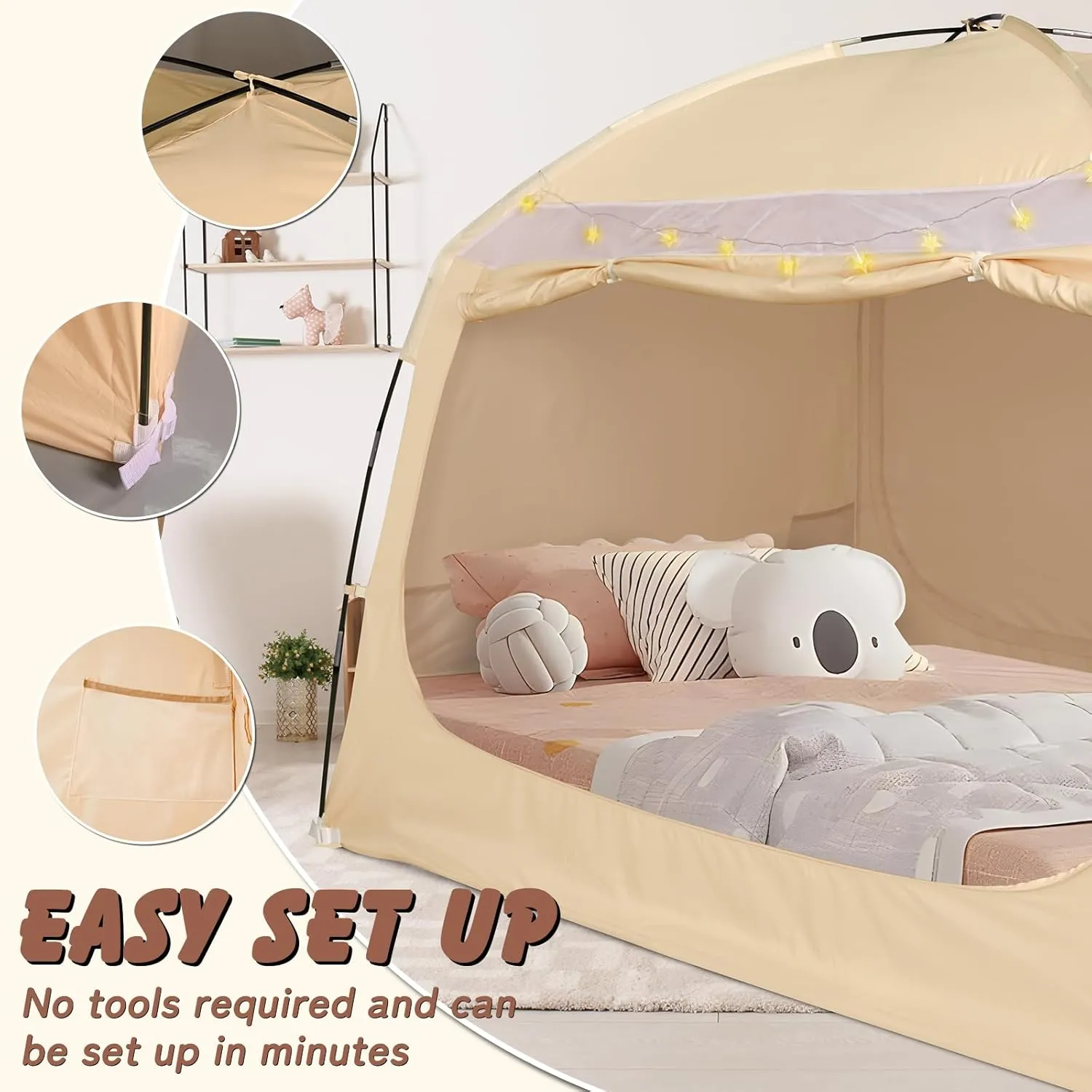 Bed Tent Twin Full Queen King Size Canopy Tent for Kids and Adult - 80% Blackout Indoor Sleeping Tents with Star String Lights, Big Space Breathable Dome Tent Playhouse for Boys & Girls