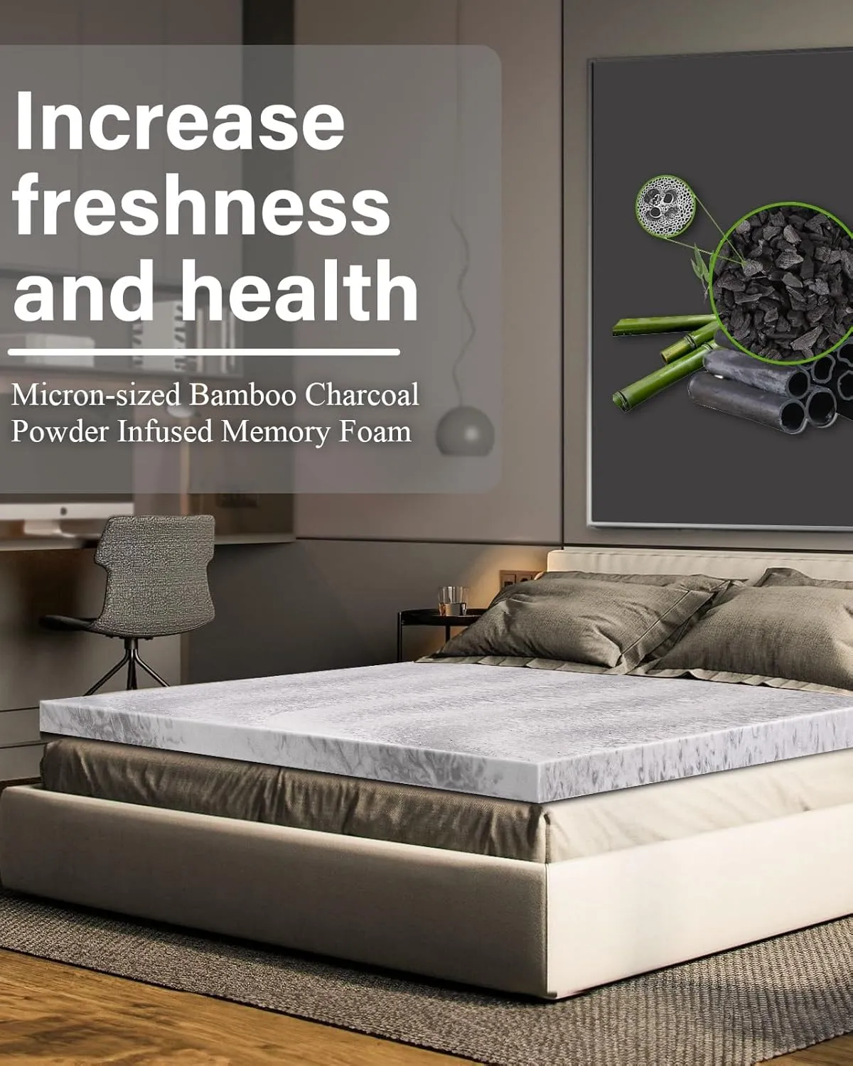 BedsPick 2 Inch Mattress Topper Twin XL Memory Foam, Mattresses Pad Extra Long Twin Charcoal Infused, Soft College Dorm Bed Toppers, CertiPUR-US and Oeko-Tex Standard 100 Certified