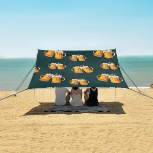 Beer Mugs on Dark Background Beach Canopy Tent Anti-UV & Wind Resistant, Camping Sun Shelter Easy Setup Portable,Outdoor Shade Tents with Sandbags,Sand Shovels,Ground Pegs & Stability Poles