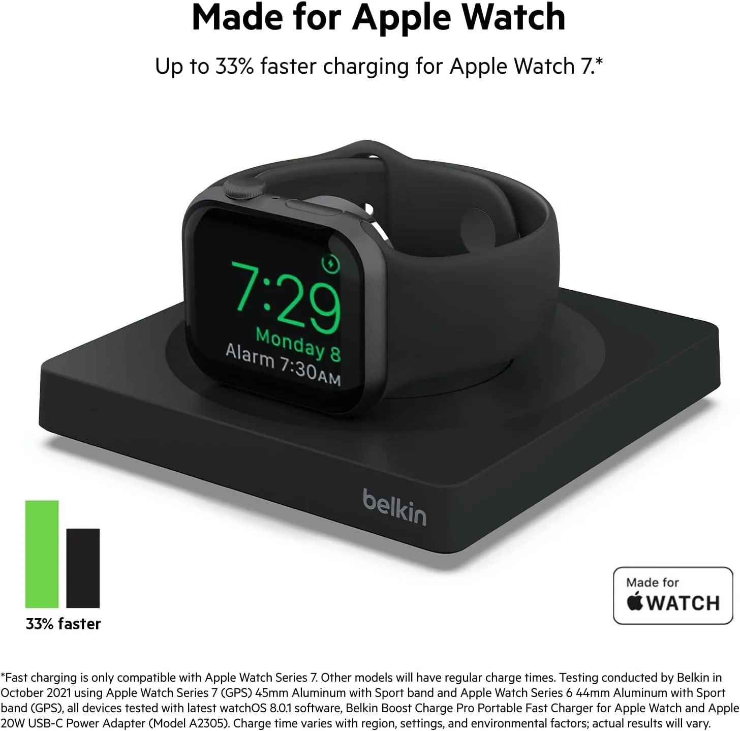 Belkin Apple Watch Charger - Fast Wireless Charging Pad - Travel Charger with Nightstand Mode W/USB-C Cable Included for Apple Watch (Compatible with All Models) - Black