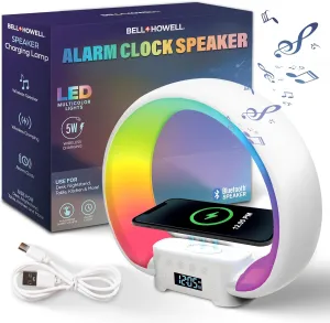 Bell Howell Digital Alarm Clock for Heavy Sleepers, Bluetooth Speaker with Built in Wireless Charger, Color Changing Night Light Desk Lamp, 4 in 1 Device, Home Decor for Bedroom, Kitchen, Nightstand