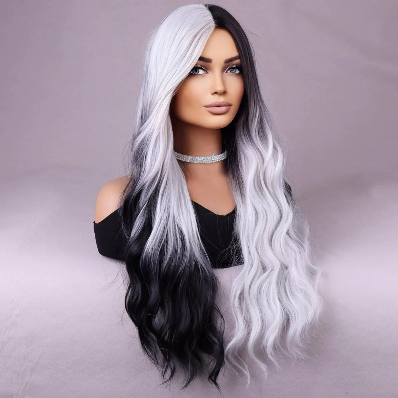 BERON Black and Silver Wigs Long Wavy Wig for Women Natural Curly Ombre Color Heat Resistant Synthetic Hair Wigs for Cosplay Party Daily or Use