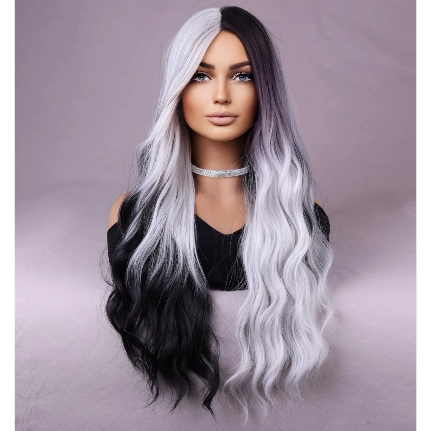 BERON Black and Silver Wigs Long Wavy Wig for Women Natural Curly Ombre Color Heat Resistant Synthetic Hair Wigs for Cosplay Party Daily or Use