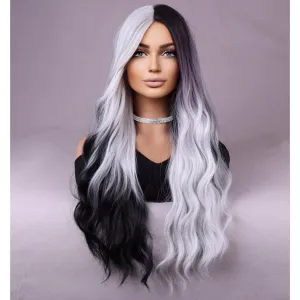 BERON Black and Silver Wigs Long Wavy Wig for Women Natural Curly Ombre Color Heat Resistant Synthetic Hair Wigs for Cosplay Party Daily or Use