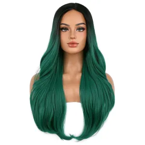 BERON Black Ombre Green Middle Part Long Wavy Wigs Women Girls Curly Heat Resistant Synthetic Hair Wigs for Cosplay Costume Party or Daily Use