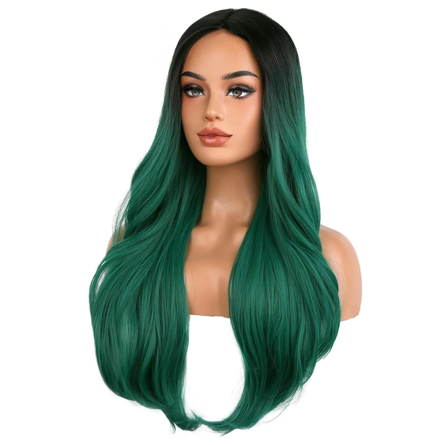 BERON Black Ombre Green Middle Part Long Wavy Wigs Women Girls Curly Heat Resistant Synthetic Hair Wigs for Cosplay Costume Party or Daily Use