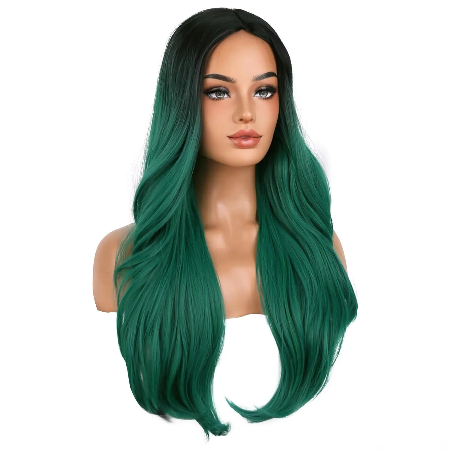BERON Black Ombre Green Middle Part Long Wavy Wigs Women Girls Curly Heat Resistant Synthetic Hair Wigs for Cosplay Costume Party or Daily Use