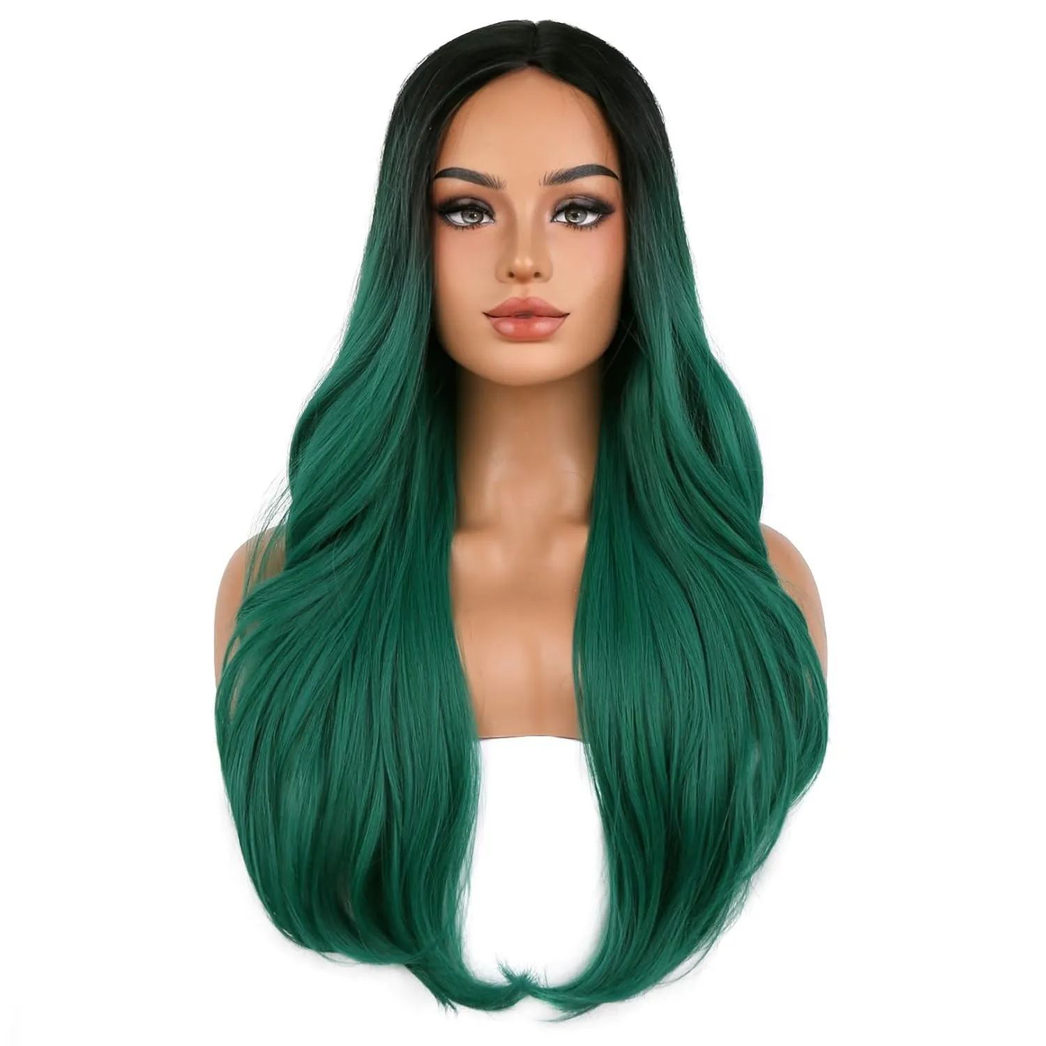 BERON Black Ombre Green Middle Part Long Wavy Wigs Women Girls Curly Heat Resistant Synthetic Hair Wigs for Cosplay Costume Party or Daily Use