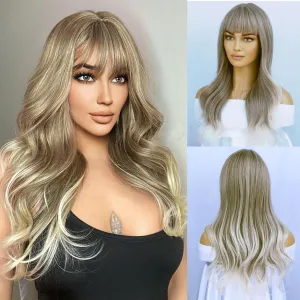 BERON Blonde Brown Long Wigs Women Wavy Wig with Bangs 26 Inches Curly Synthetic Wigs for Cosplay Party Wigs Wig Cap Included