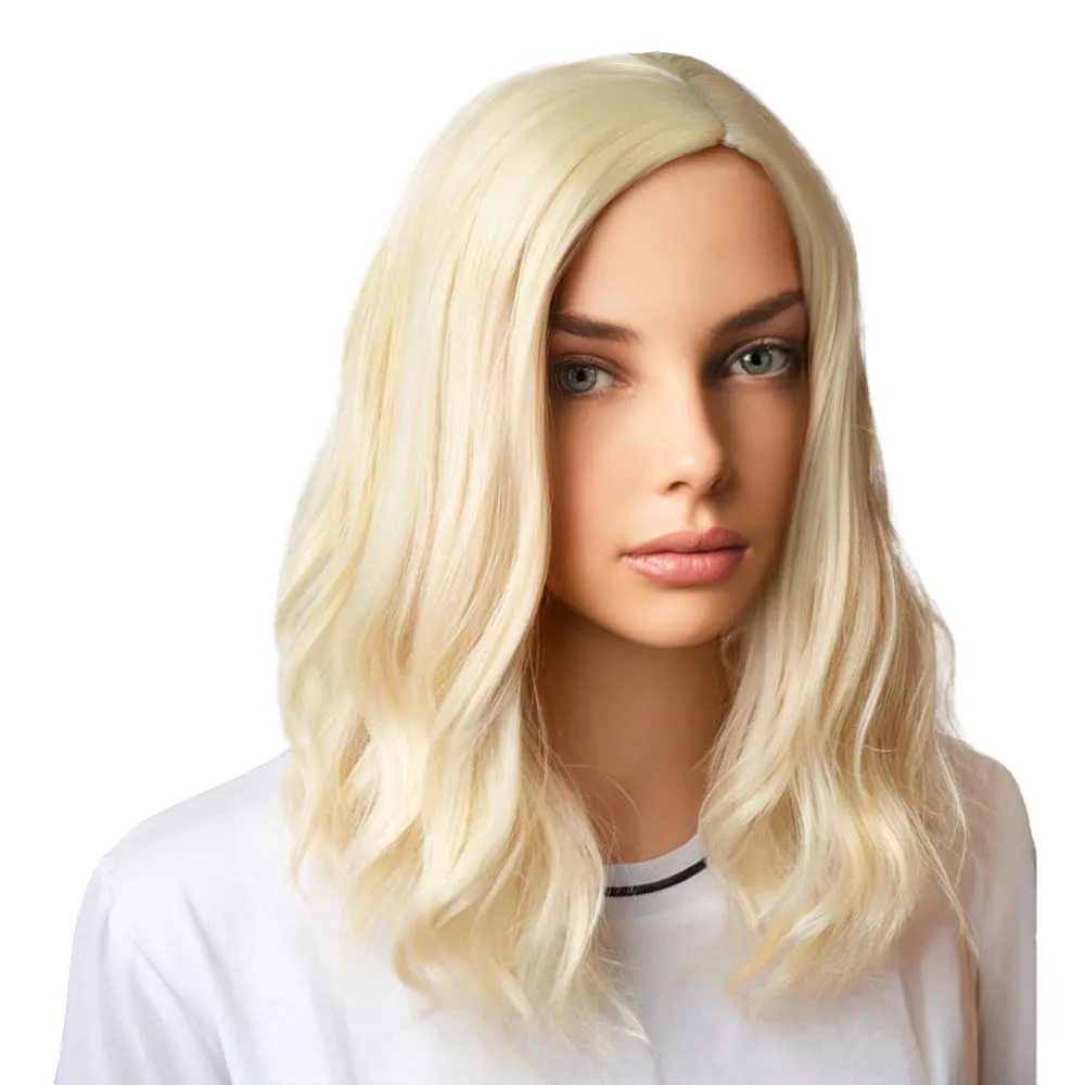 BERON Blonde Wigs 14 Inch/35 cm Women Girls Short Curly Wavy Side Part Hair Wig Light Blond Color Shoulder Costume Cosplay or Daily Use Wigs Rose Net with Wig Cap
