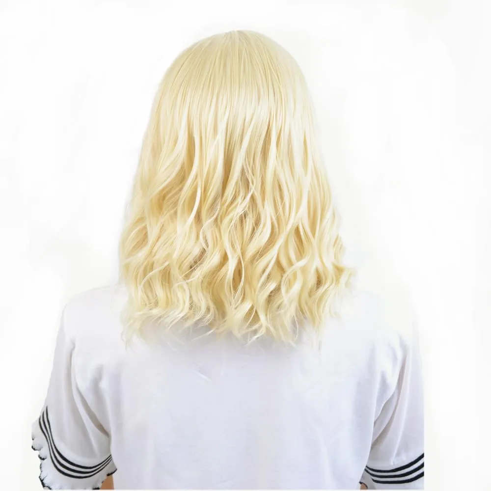 BERON Blonde Wigs 14 Inch/35 cm Women Girls Short Curly Wavy Side Part Hair Wig Light Blond Color Shoulder Costume Cosplay or Daily Use Wigs Rose Net with Wig Cap
