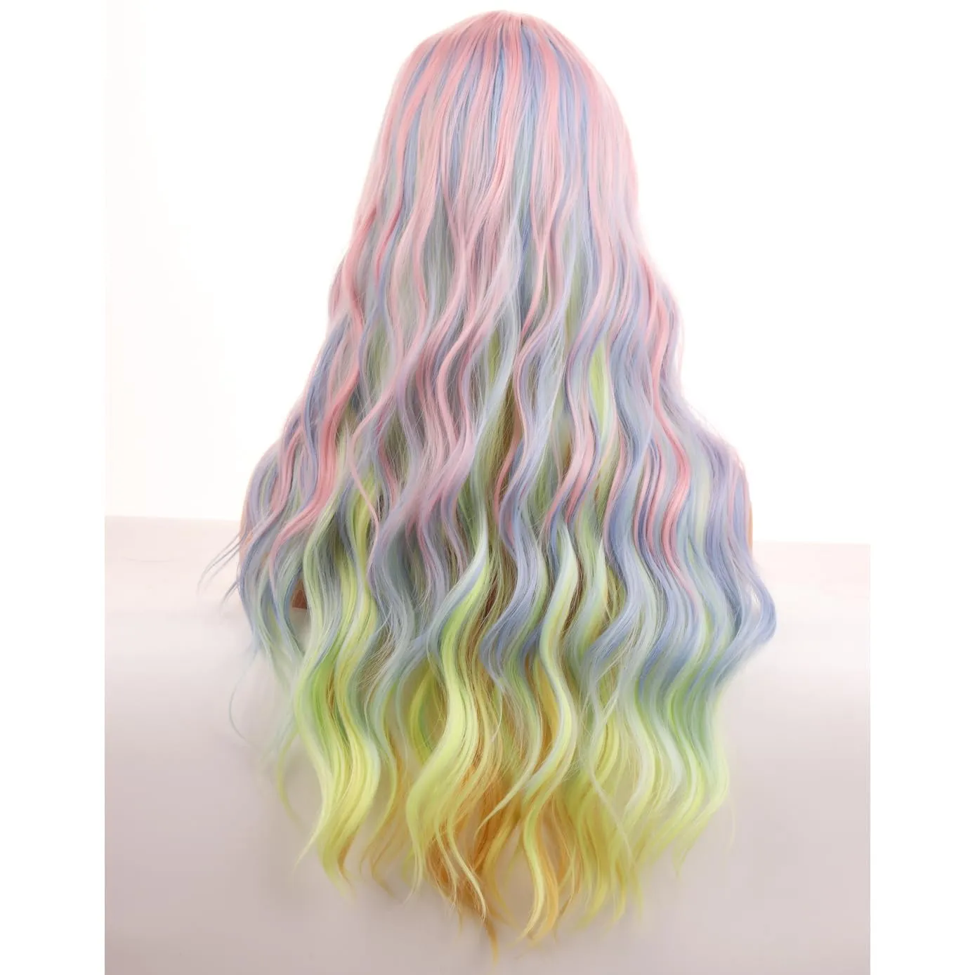 BERON Rainbow Long Wigs Curly Wavy Women Pastel Wigs with Bangs Colorful Heat Resistant Synthetic for Cosplay or Daily Wigs Wig Cap Included