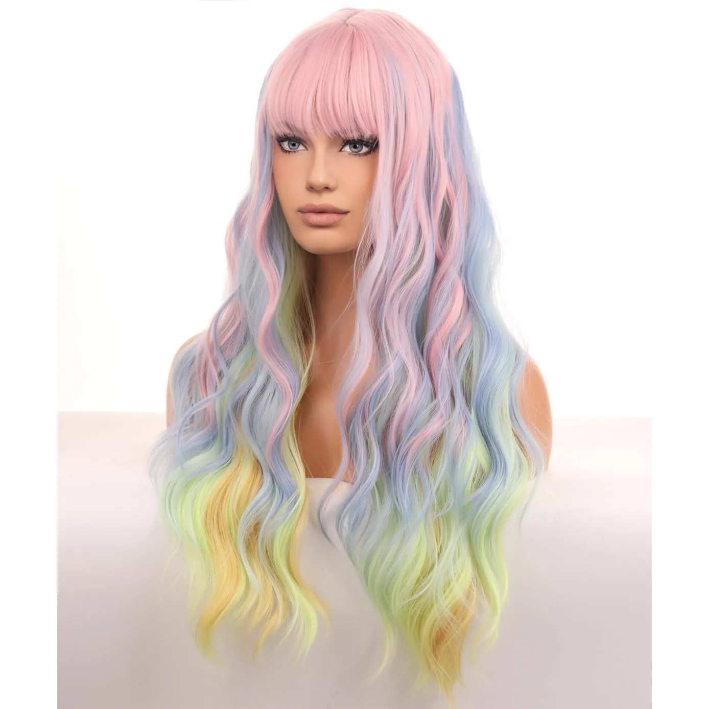 BERON Rainbow Long Wigs Curly Wavy Women Pastel Wigs with Bangs Colorful Heat Resistant Synthetic for Cosplay or Daily Wigs Wig Cap Included