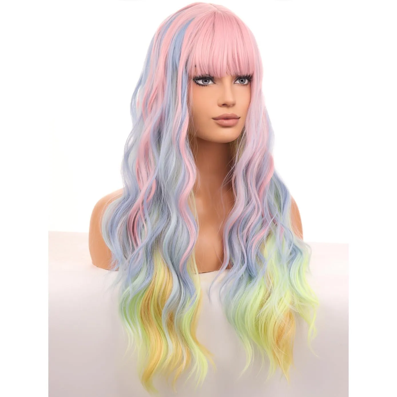 BERON Rainbow Long Wigs Curly Wavy Women Pastel Wigs with Bangs Colorful Heat Resistant Synthetic for Cosplay or Daily Wigs Wig Cap Included