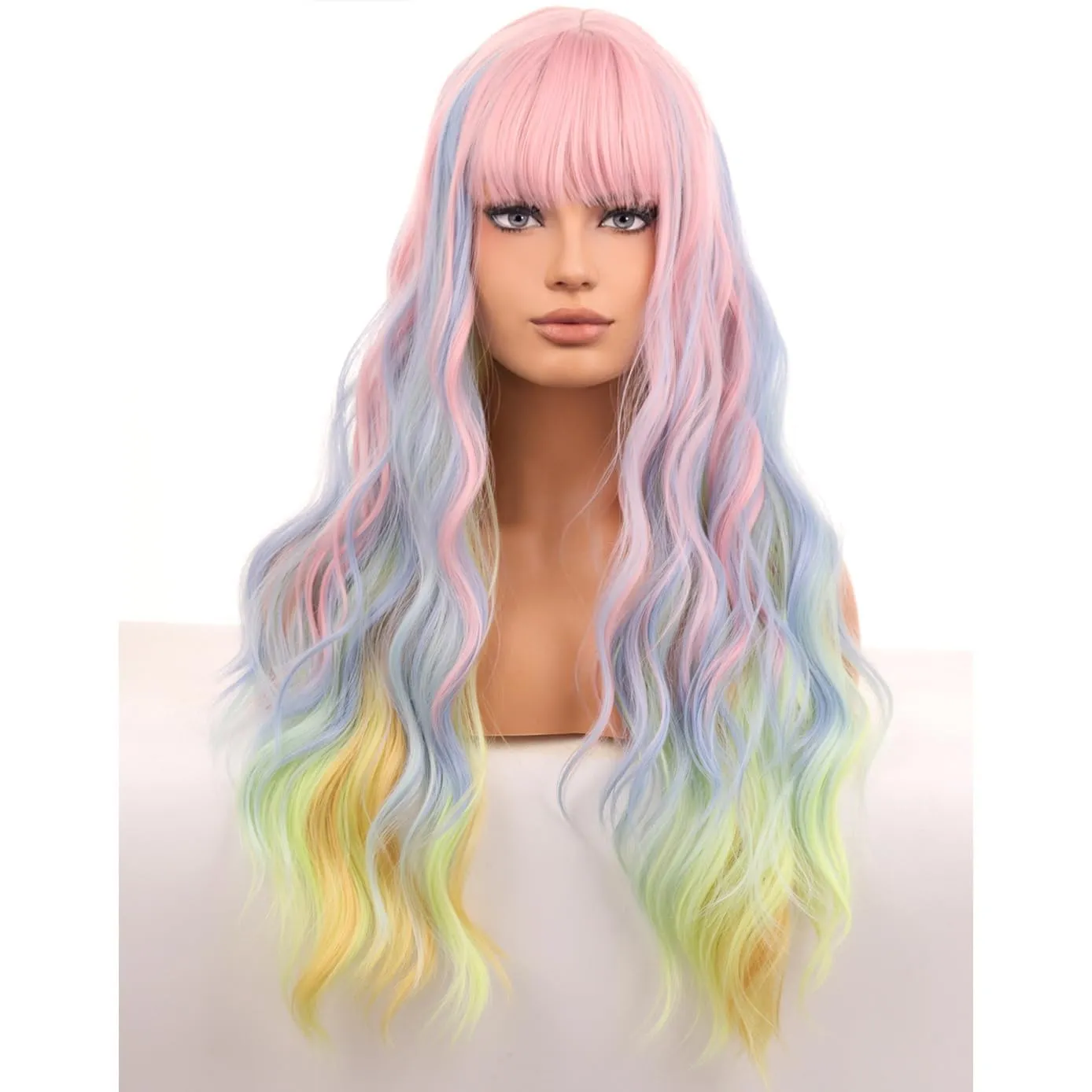 BERON Rainbow Long Wigs Curly Wavy Women Pastel Wigs with Bangs Colorful Heat Resistant Synthetic for Cosplay or Daily Wigs Wig Cap Included