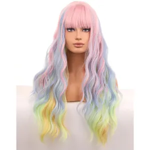 BERON Rainbow Long Wigs Curly Wavy Women Pastel Wigs with Bangs Colorful Heat Resistant Synthetic for Cosplay or Daily Wigs Wig Cap Included