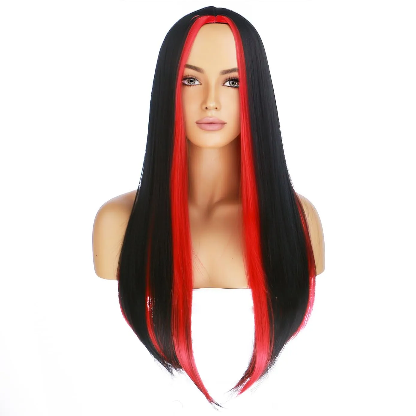 BERON Red Black Long Wig for Women Straight Charming Girls Costume Hair Wigs Heat Resistant Synthetic for Cosplay Party or Daily Use Wig